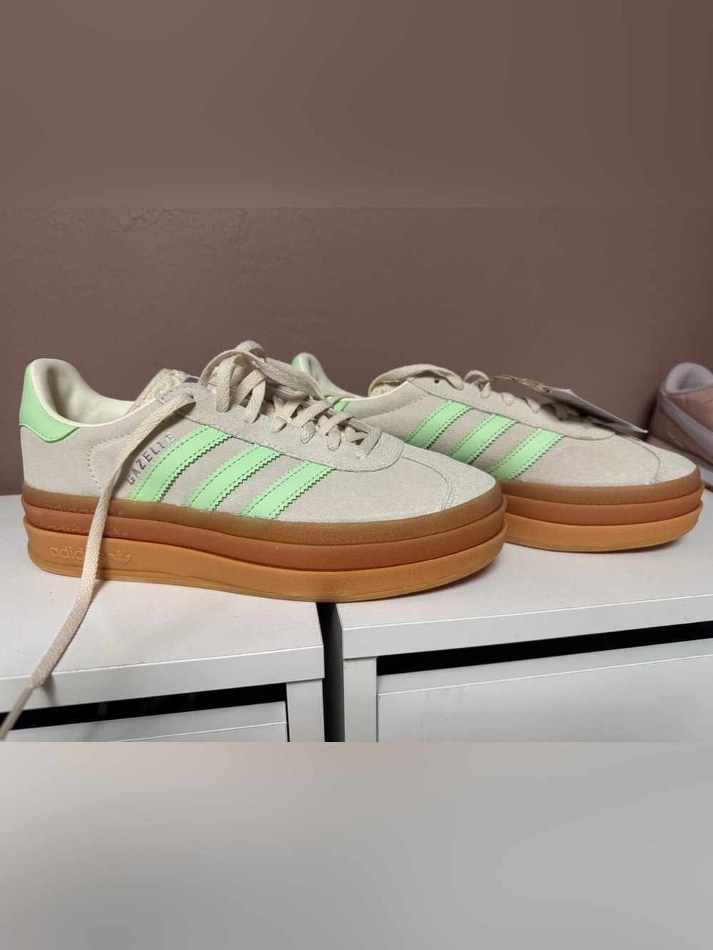adidas Cream Suede Sneakers with Mint Green Stripes and Gum Platform
